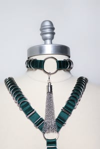 Image 3 of Satin elastic choker with D Rings and chain tassel - Silver