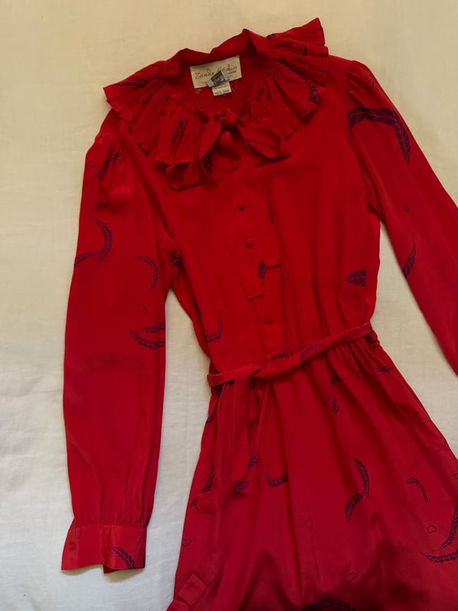 1970s Zandra Rhodes red silk feather and sun print scarf dress