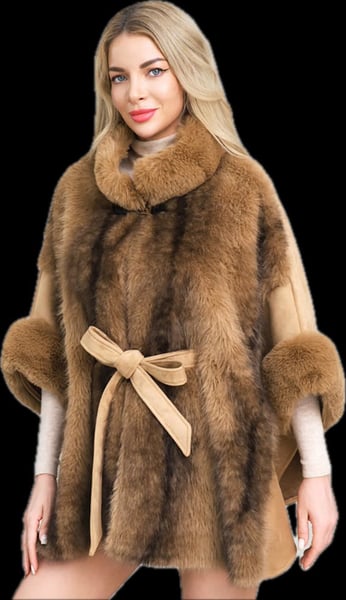 Image of Luxurious Faux Fur Trim Belted Waist Cape 