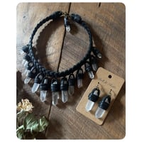 Image 1 of The Empress Necklace and Earrings - Clear Quartz Crystals and Black Leather