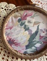 Image 3 of 6” Pink floral embroidery with green leaves on brown fabric 