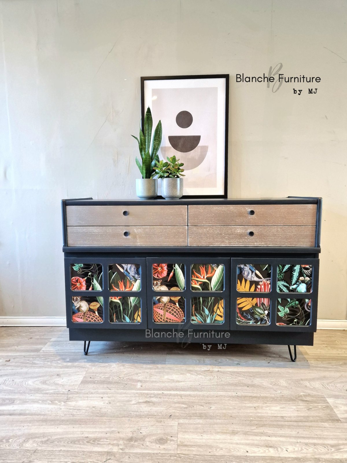 Image of Stunning Nathan Sideboard in Deep grey with Decoupaged Squares, Silver Drawers 
