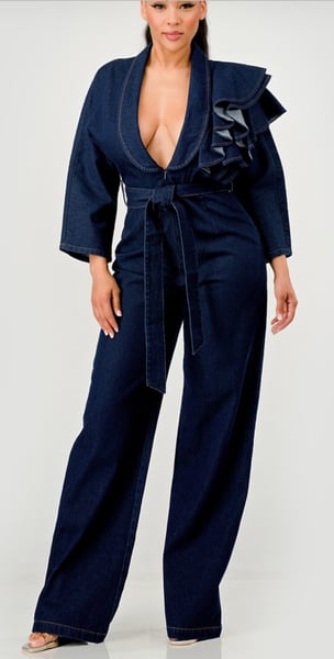 Image of Dark Denim Ruffle Shoulder Jumpsuit