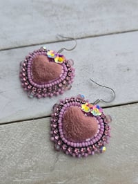 Image 2 of Mauve fuzzy heart earrings 