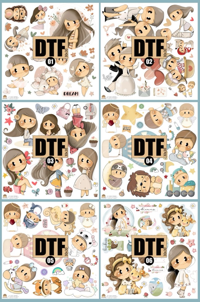DTF fogli con illustrazioni da trasferire su tessuto