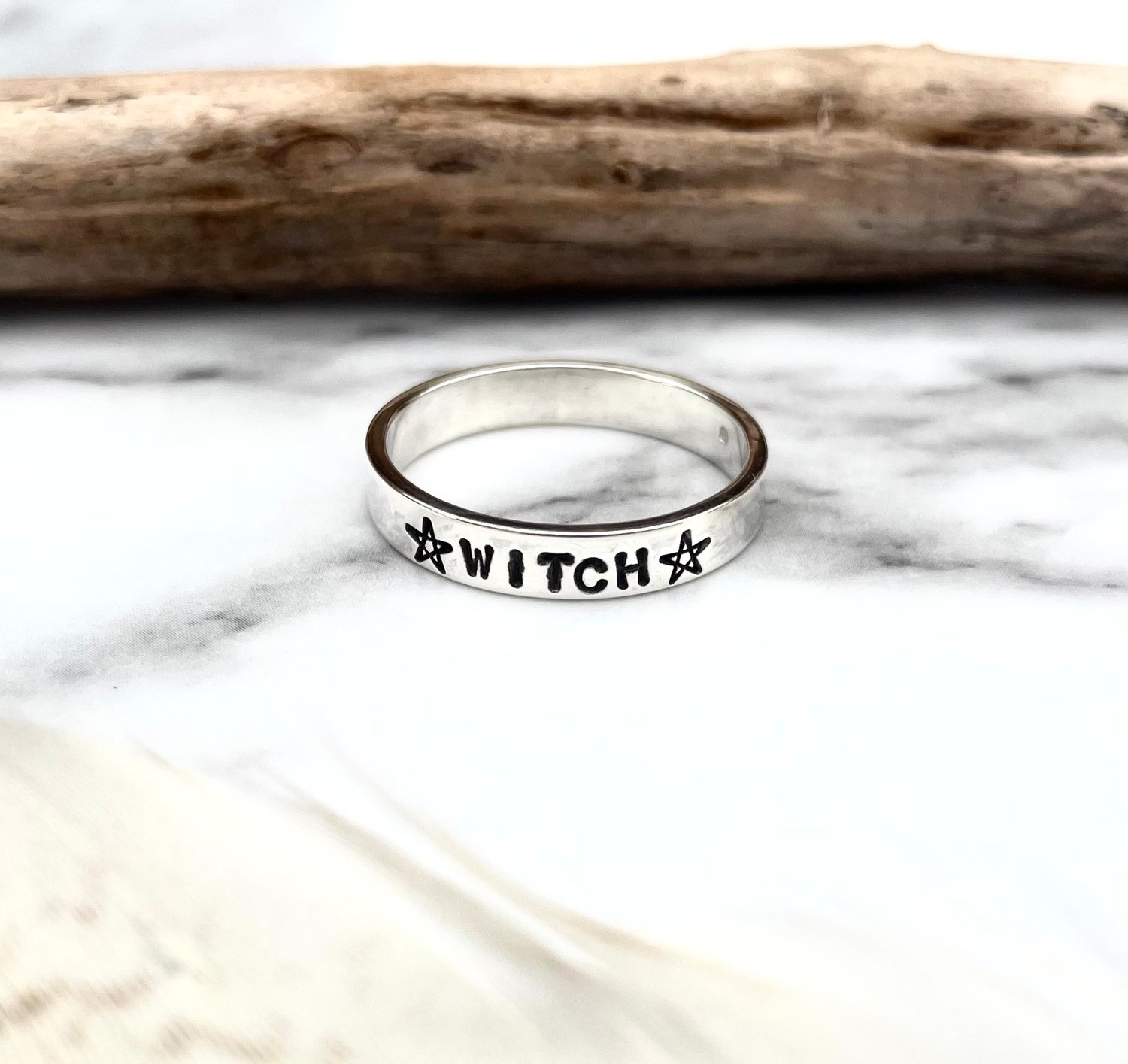 Image of WITCH Sterling Silver Stacking Ring With Pentagrams 925