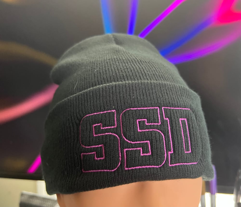 Black SSD Magenta Outline Logo Knit Hat with Cuff