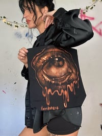Image 3 of “NR EYE” BLEACH PAINTED BLACK TOTE BAG 13”x14”x7”