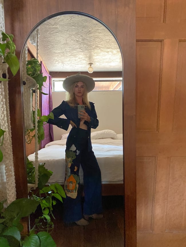 early 70s denim appliqué trouser suit