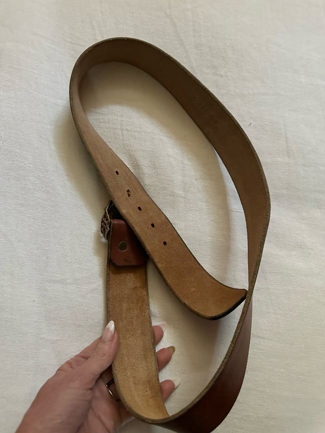 early 1970s leather and abalone buckle French belt