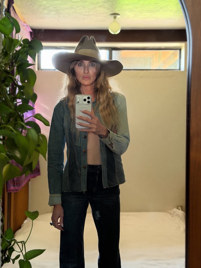 1970s denim patchwork and leather mountain magic hippie bohemian snap shirt jacket