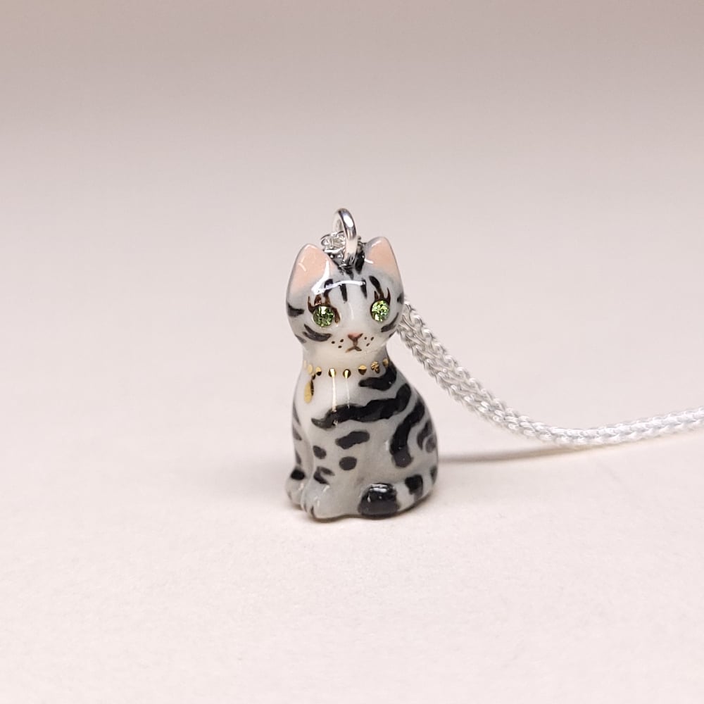Image of Silver Tabby Porcelain & Sterling Silver Sitting Kitten Pendant