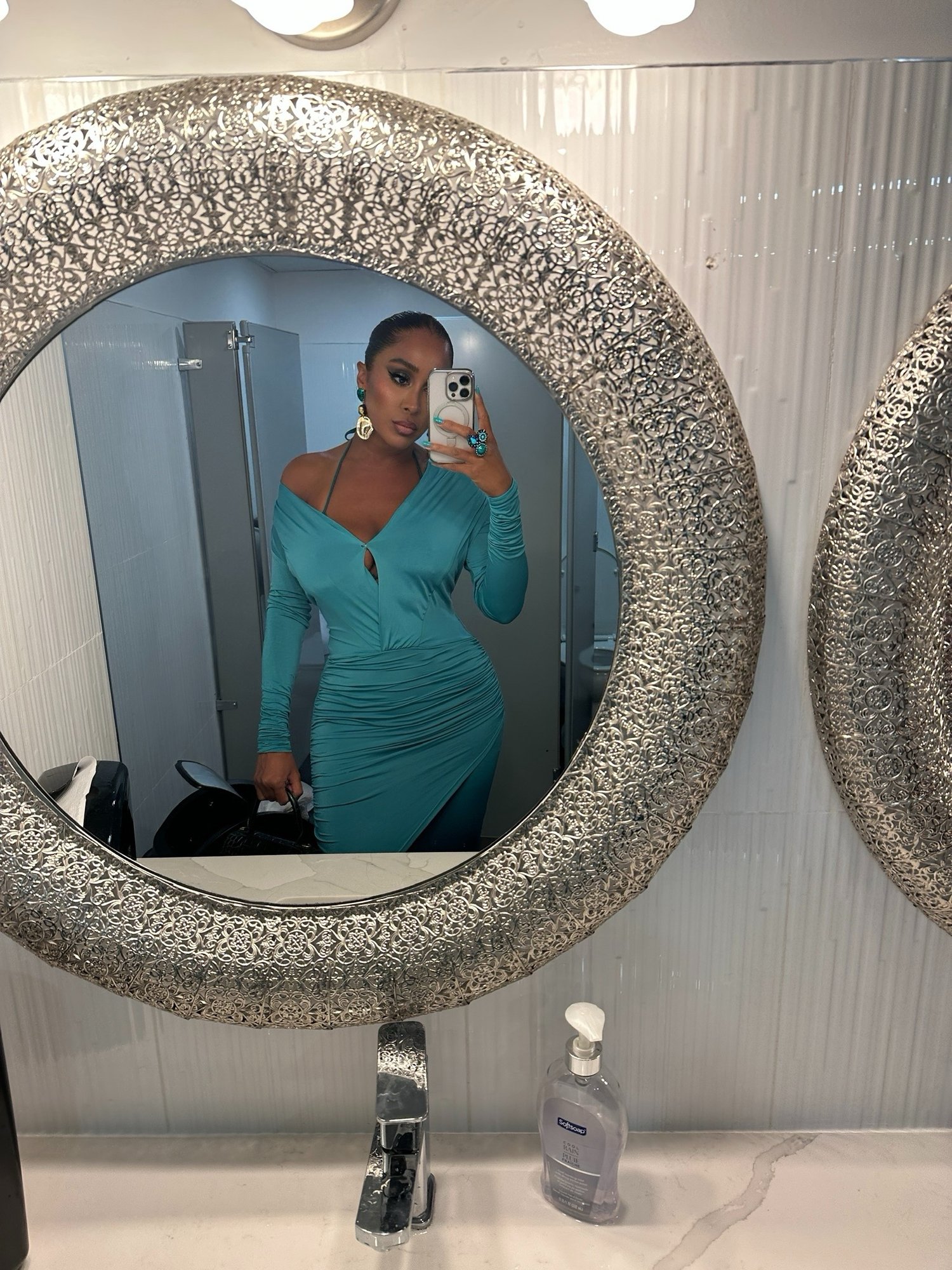 Image of MARCIANO TEAL RUCHED ASYMMETRICAL MIDI DRESS (XS)
