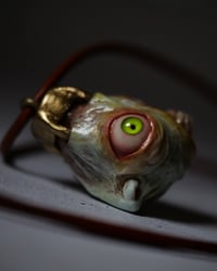 Image 1 of Egg of the King big eyes pendant, leather cord, brass hardware, OOAK,