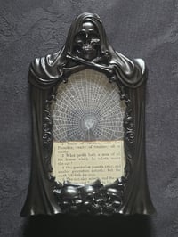 Image 2 of Memento Mori collection 1800s Bible cut outs in a grim reaper frame - real preserved spider web