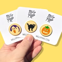 Image 1 of Nostalgic Mini Halloween Cookie Pins – Black Cat, Ghost & Pumpkin – Spooky Cute Gold Enamel Pin