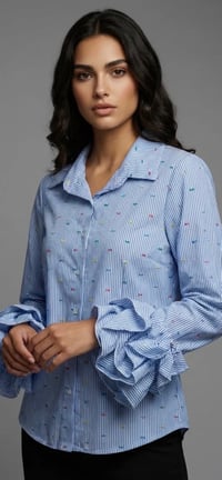 Image 1 of Pinstripe ruffle sleeve shirt 