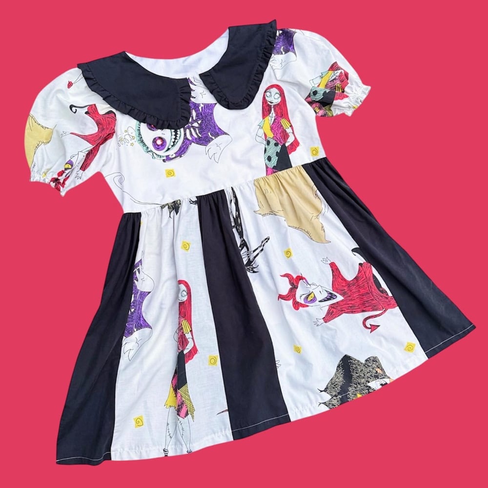 Image of Ruffle Collar Puff Sleeve Dress — Halloween Black Stripe