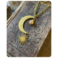 Image 3 of Solid Brass Moon Pendant Necklace - Large Sun and Fiery Mexican Opal