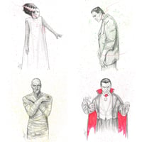 Image 1 of Neon Nightmares 1 Art Print - Dracula, Mummy, Frankenstein, Bride