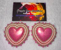 Image 3 of Hand Painted/Polished Pink Heart Beaded Earrings