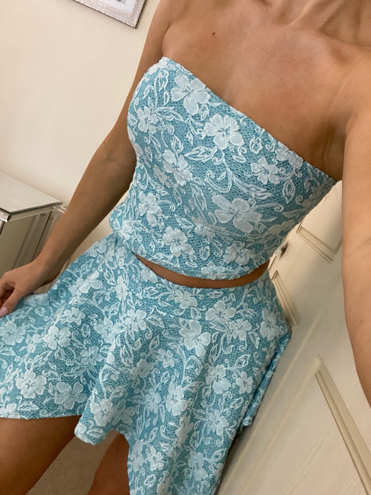 Image of Hanky Hem Bandeau Co-Ord In Sky Blue Textured Lace Effect