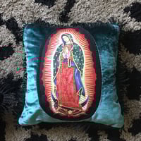 Image 1 of Virgin of Guadalupe cushion in real velvet with black fringe