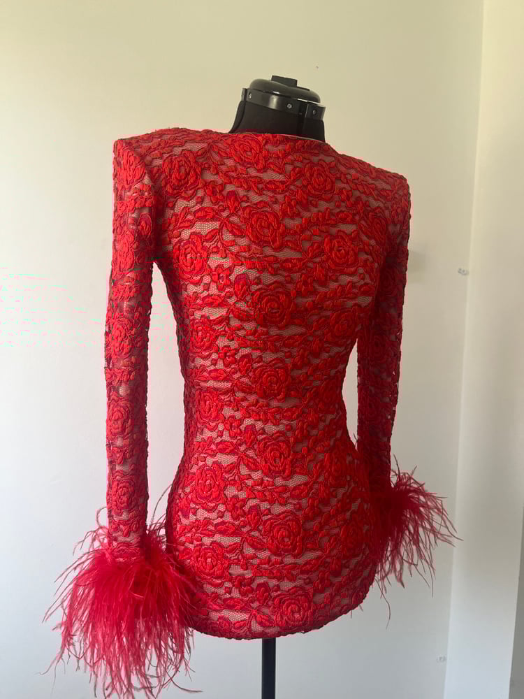 Image of Red lace mini dress with ostrich feather cuffs size 6 