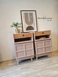 Image 2 of Pair of Nathan Bedside Tables / Cabinets in dusty pink