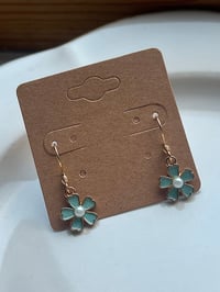 Image 2 of Gold Pearl Blue Flower Earrings