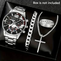 Image 2 of 4pcs Luxury Men Business Quartz Watch Gold Alloy Roman with Calendar Wrist Watch Cross Necklace Brac