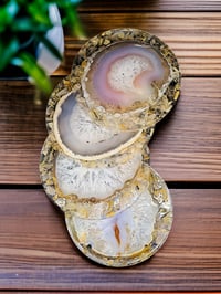 Image 1 of Set of 4 Agate & Rutilated Quartz Crystal Resin Coasters With Holder 'The Light'