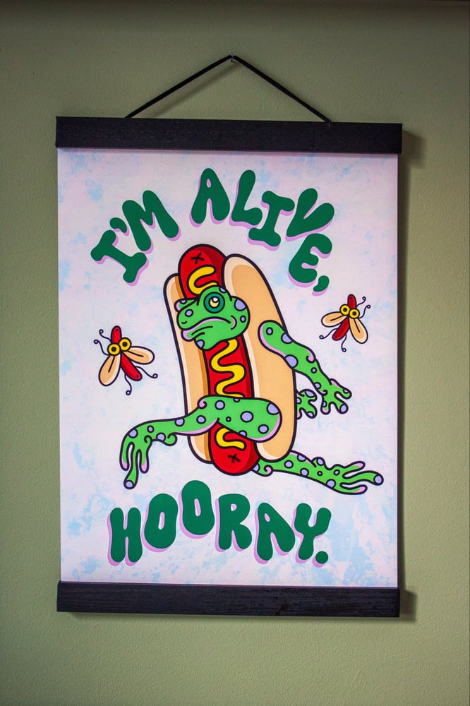 Image of I'm Alive Hooray A4 Hot Dog Frog Print