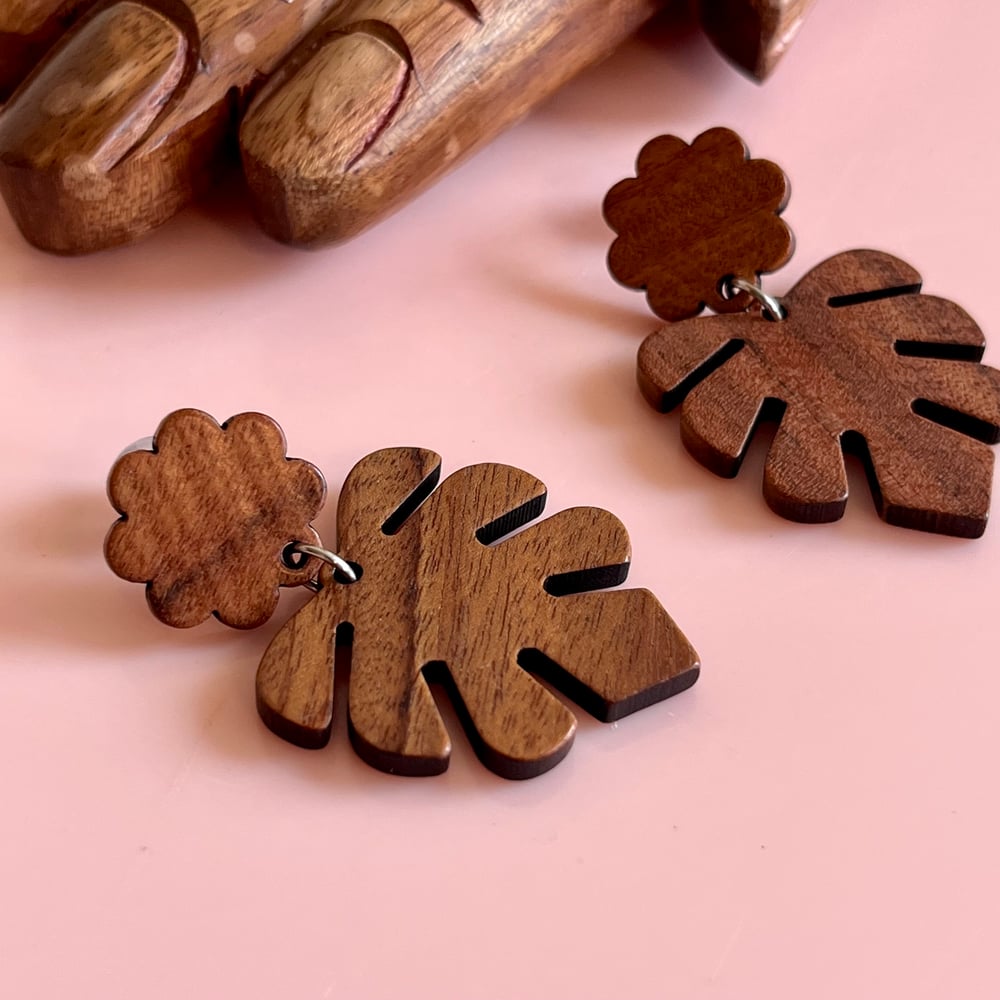 Image of Flower and Leaf Wooden Earrings