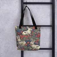 Image 1 of Boho Nature Cottagecore Inspired White Rabbits Among Berries Tote Bag