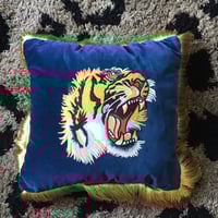 Image 5 of blue or pink  cotton velvet with embroidered tiger patch and gold fringing