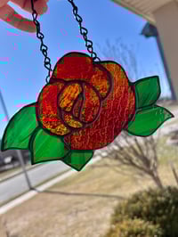 Image 2 of Stained Glass Red Rose Suncatcher - Handmade Classic Floral Window Art