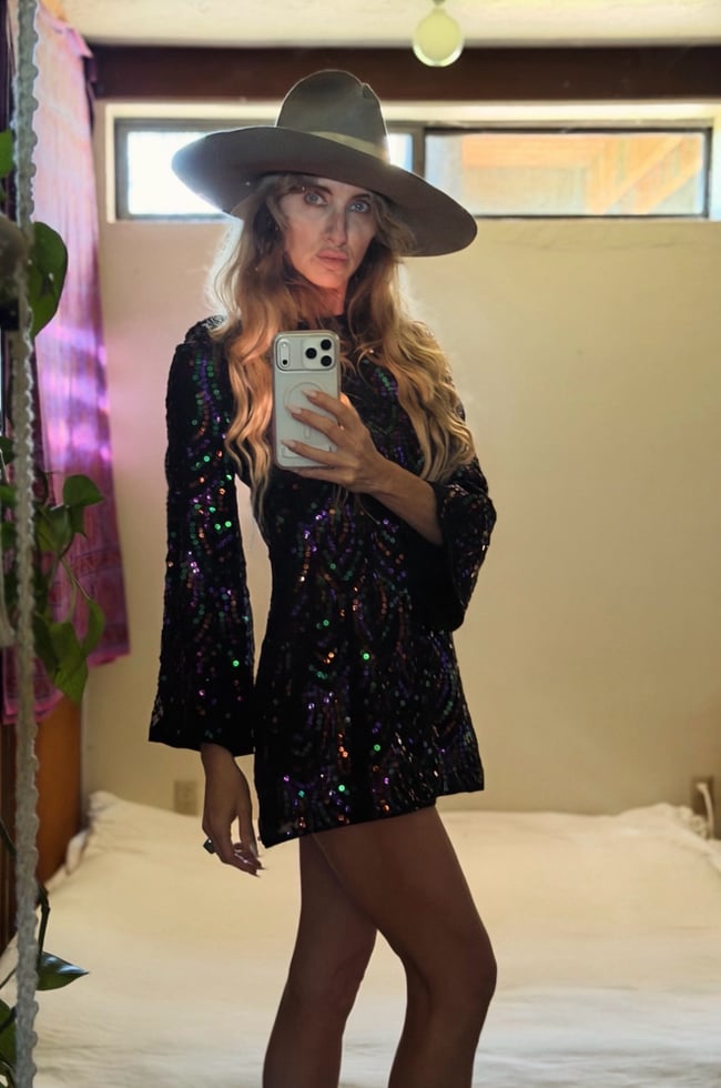 mid 1970s HALSTON sequin silk keyhole mini dress designer