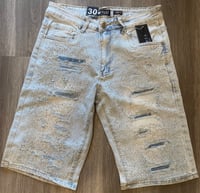 Image 1 of Blue Wash Rhinestone Distressed Shorts 