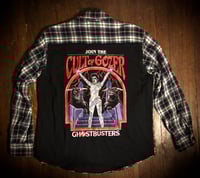 Upcycled “Cult of Gozer/Ghostbusters” t-shirt flannel
