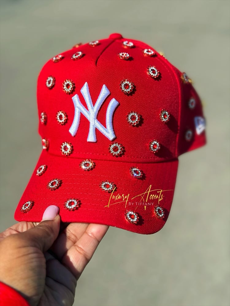 Image of Red “Sapphire” bling YANKEES cap (custom made) 7days to ship
