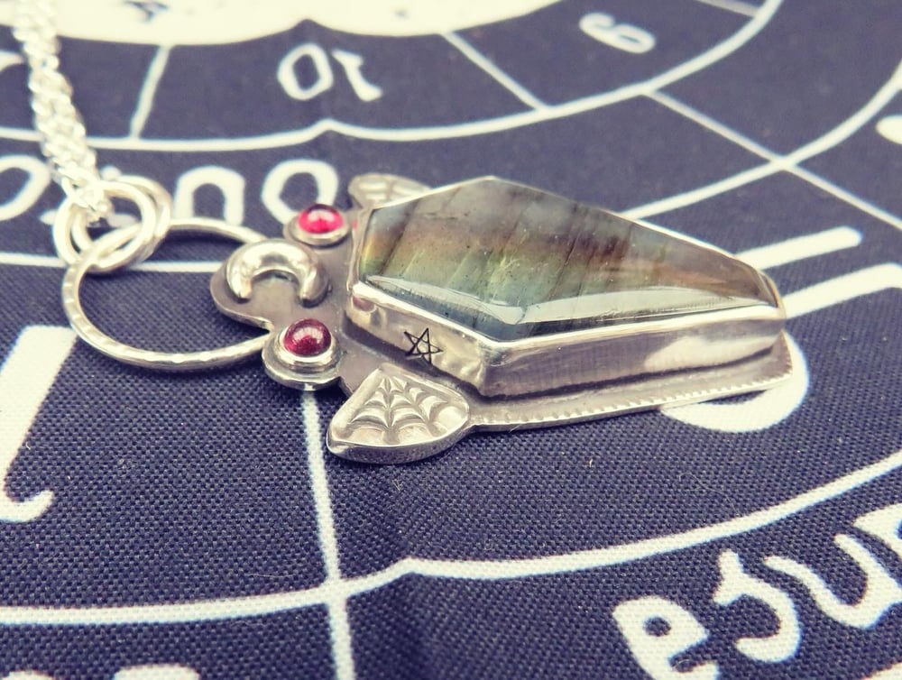Spectral Slumber Labradorite and Garnet Coffin Pendant Sterling Silver - Spiderweb Detail