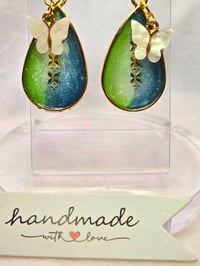 Image 1 of Handcrafted Resin Teardrop Earrings w/ Butterfly Bead 