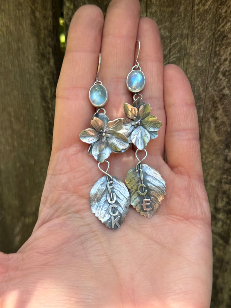 Image of Stargazer Hydrangea Flower "FUCK ICE" Rainbow Moonstone Earrings