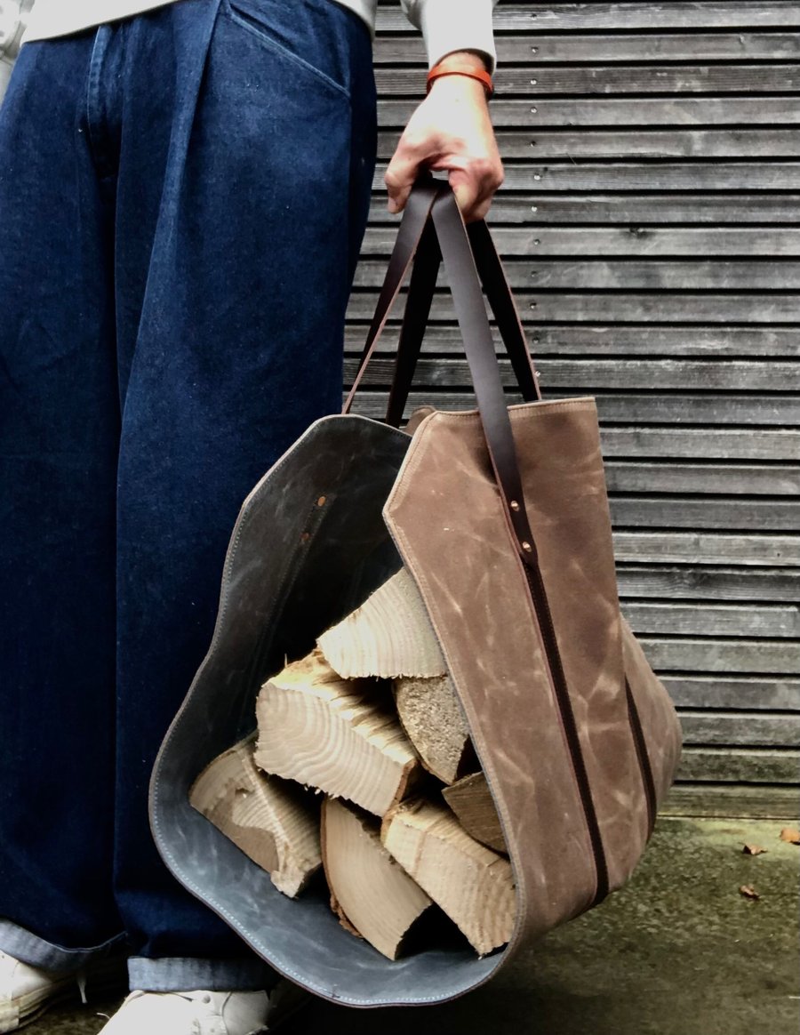 Image of Firewood carrier, log carrier, wood holder made in waxed canvas