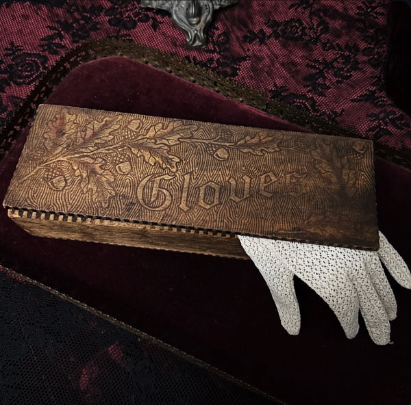 Image of Antique Victorian Wooden Glove Box w/ Gloves