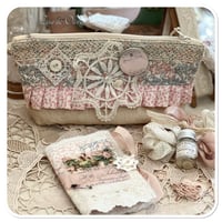 Image 7 of sewing zipper purse and needle book and tiny glass bottle of vintage buttons and French lace