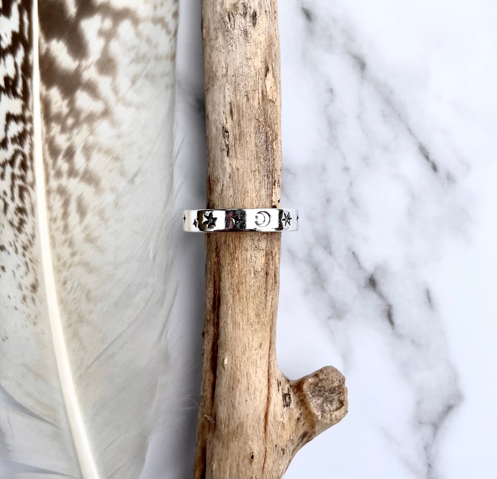 Sterling Silver Star and Moon Ring, Hand Stamped