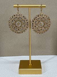 Image 1 of LA VIE PARISIENNE gold tone filigree Swarovski crystal round disk earrings