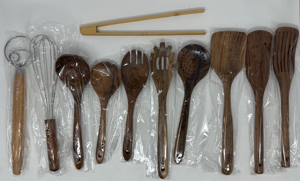 Image of Tilly Living 10 Piece Teak Wood Utensil Set and Danish Dough Whisk -NEW